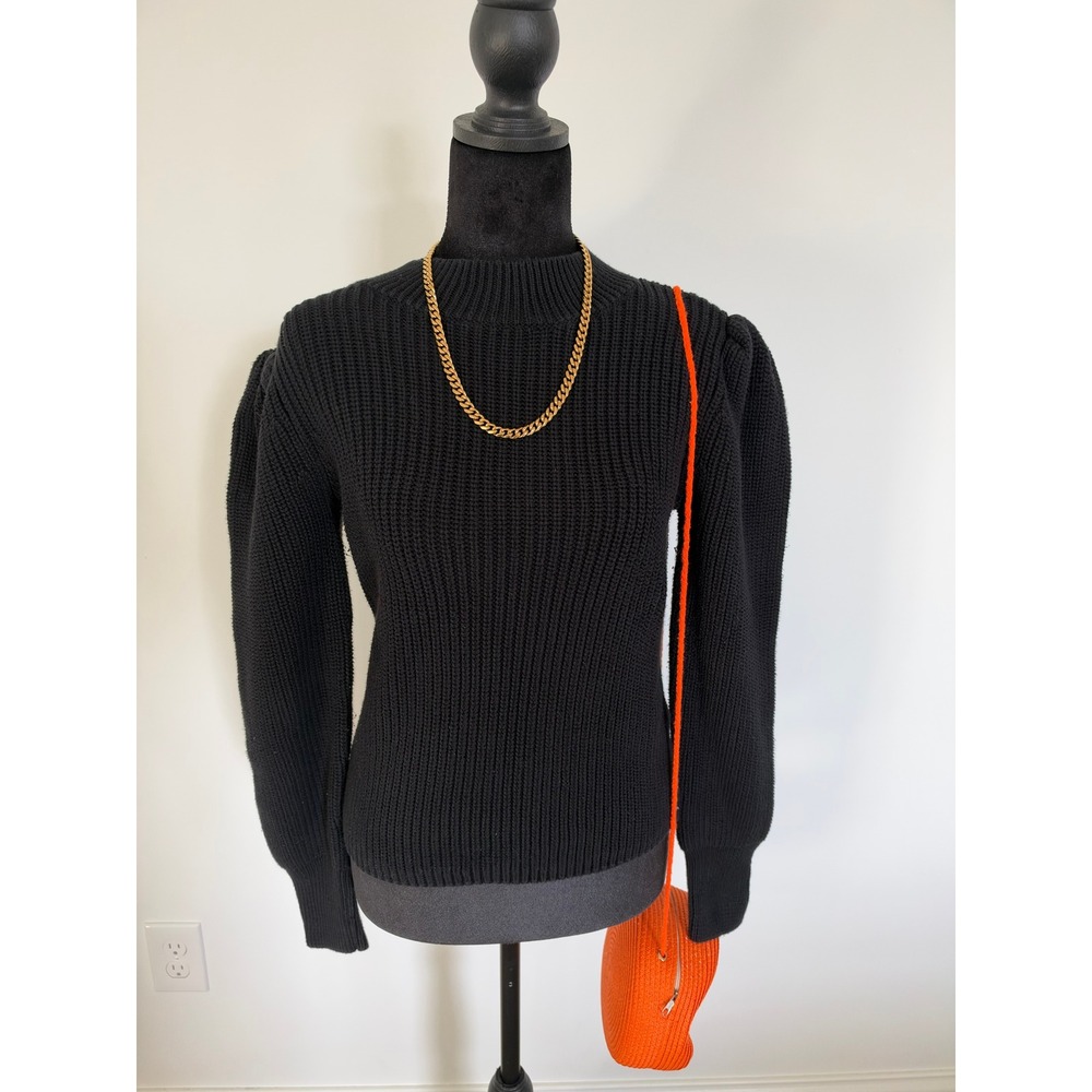 525 America Black Ribbed Mock Neck Puff Shoulder Sweater Small